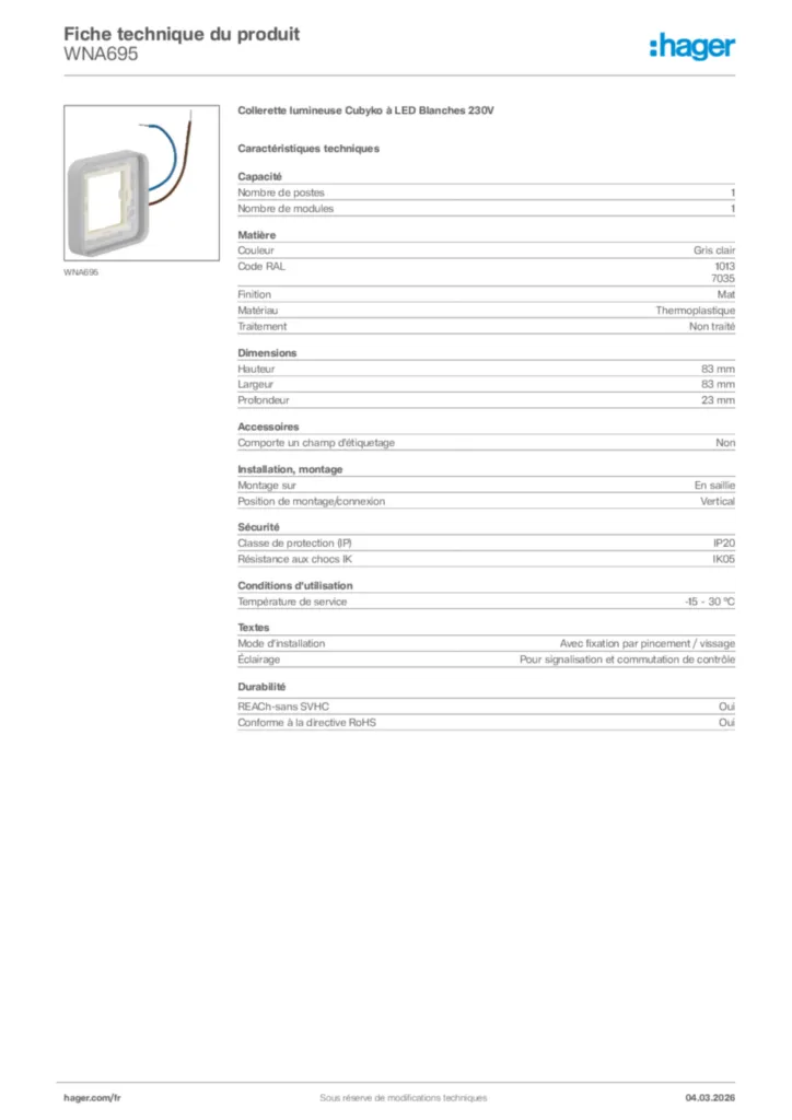 Image Hager Fiche technique du produit WNA695 | Hager France