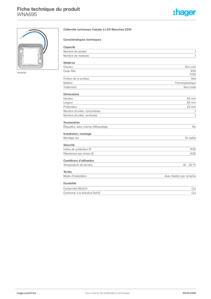Image Hager Fiche technique du produit WNA695 | Hager Belgique