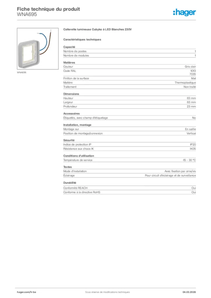 Image Hager Fiche technique du produit WNA695 | Hager Belgique