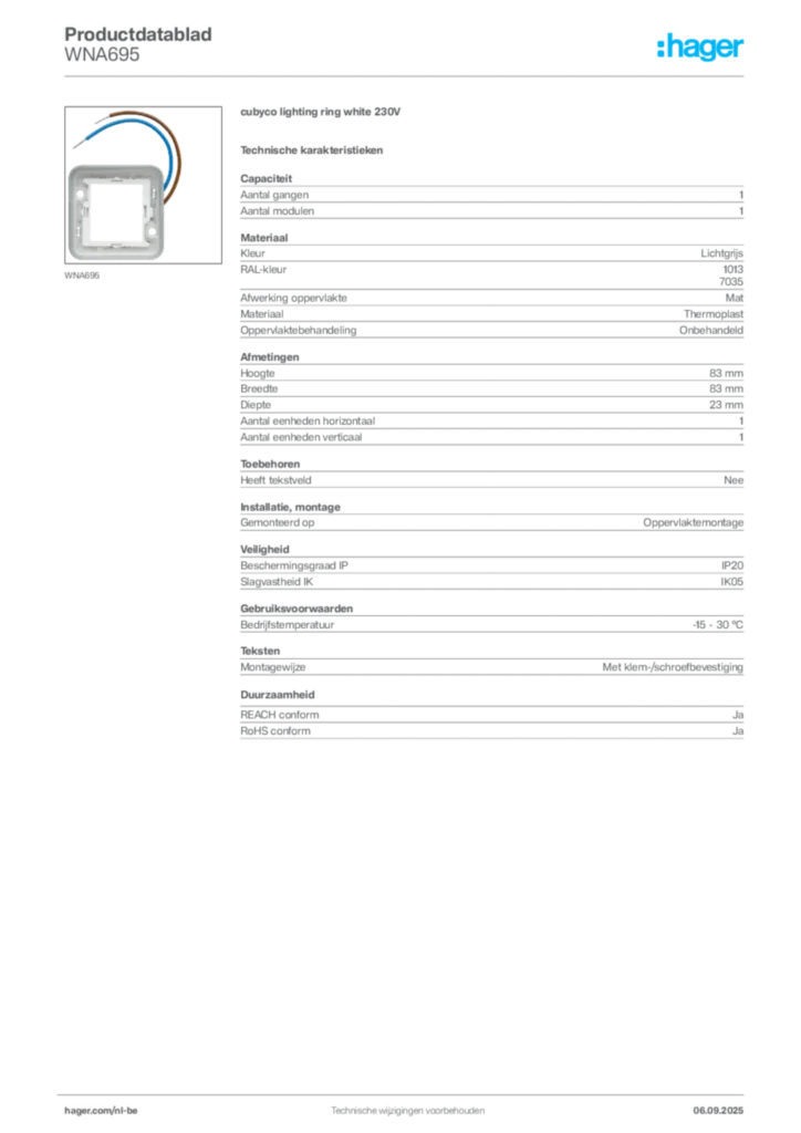 Afbeelding Hager Productdatablad WNA695 | Hager Belgium