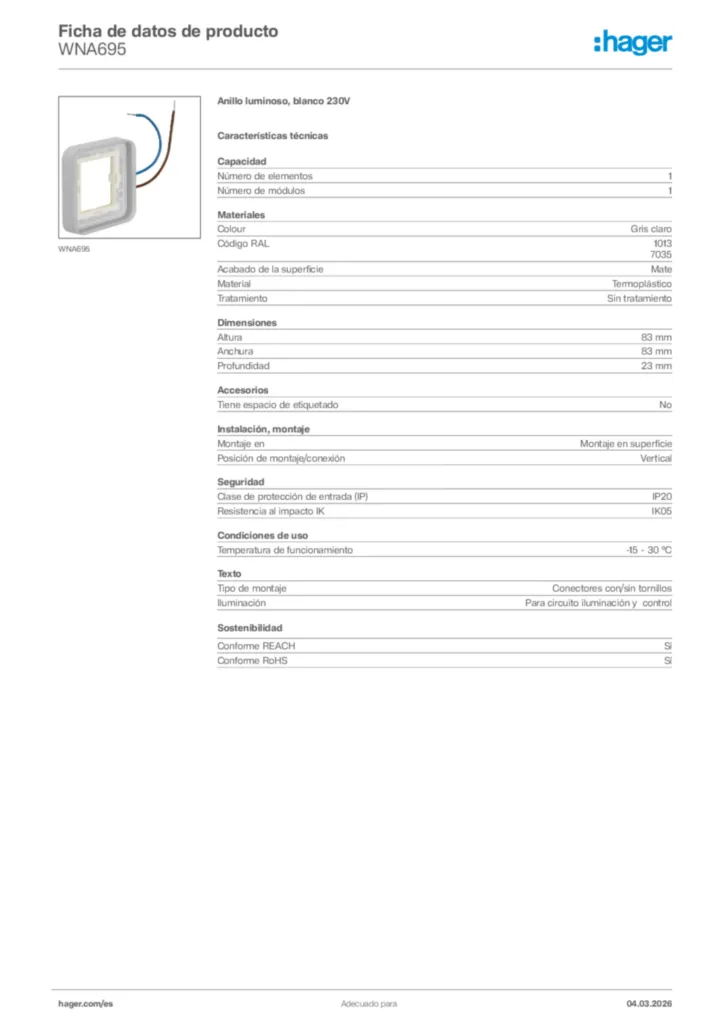 Imagen Hager Ficha de datos de producto WNA695 | Hager España