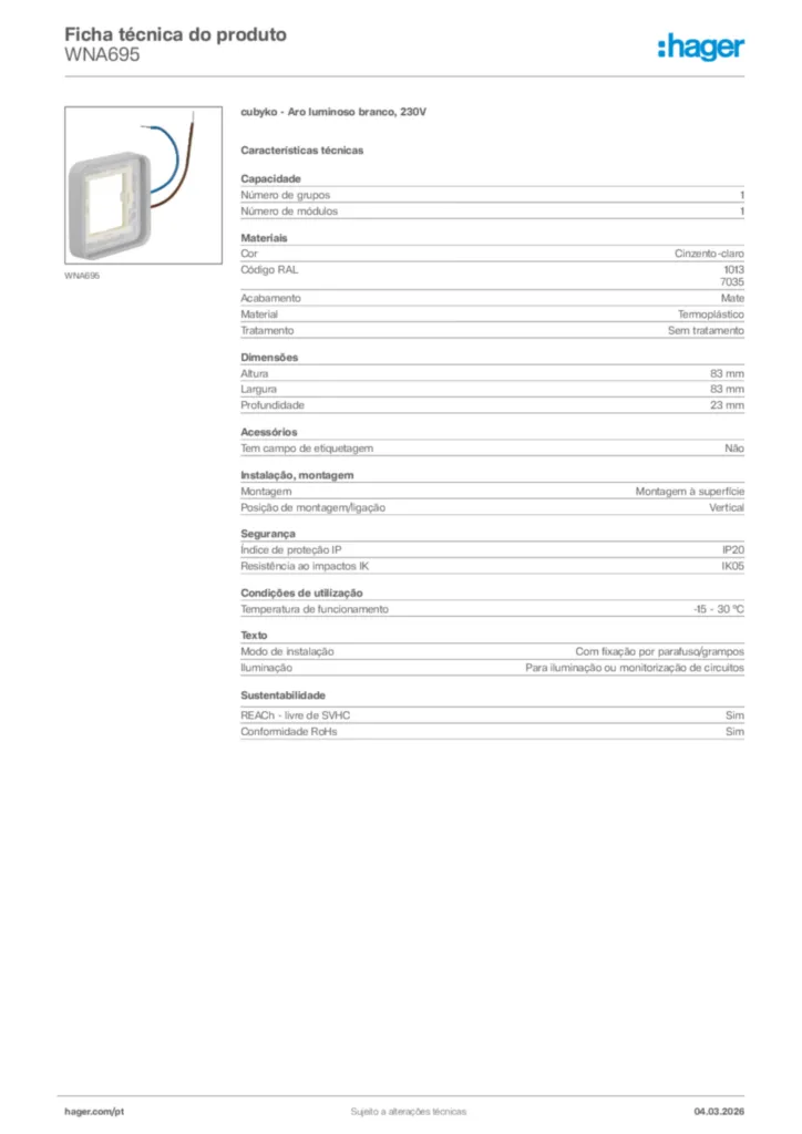 Imagem Hager Ficha técnica do produto WNA695 | Hager Portugal