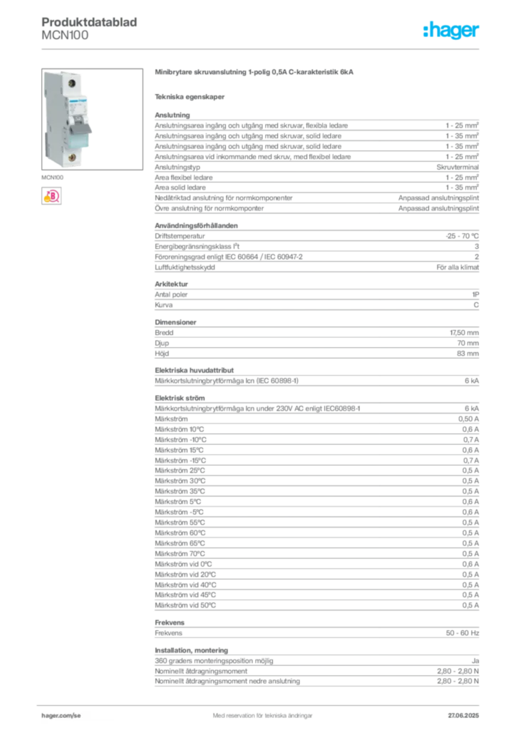 Bild Hager Product data sheet MCN100 | Hager Sverige