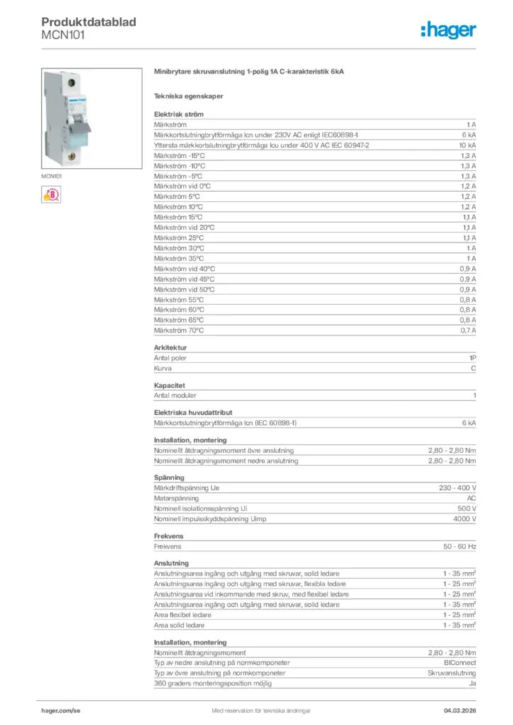 Bild Hager Produktdatablad MCN101 | Hager Sverige