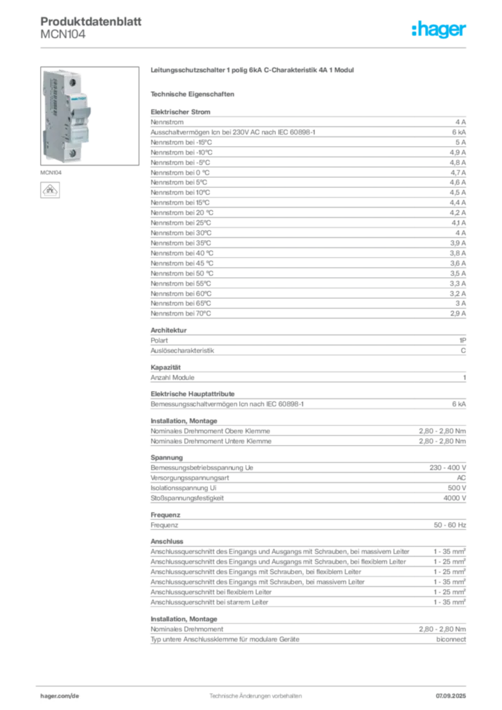 Bild Hager Produktdatenblatt MCN104 | Hager Deutschland