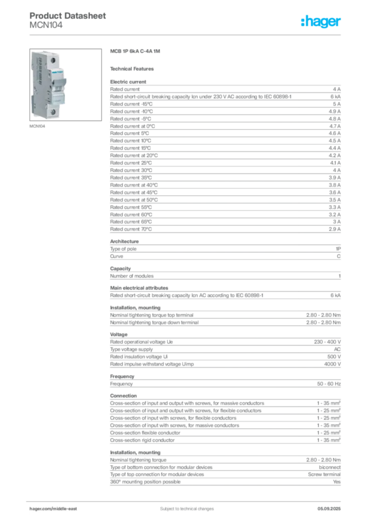Image Hager Product data sheet MCN104  | Hager