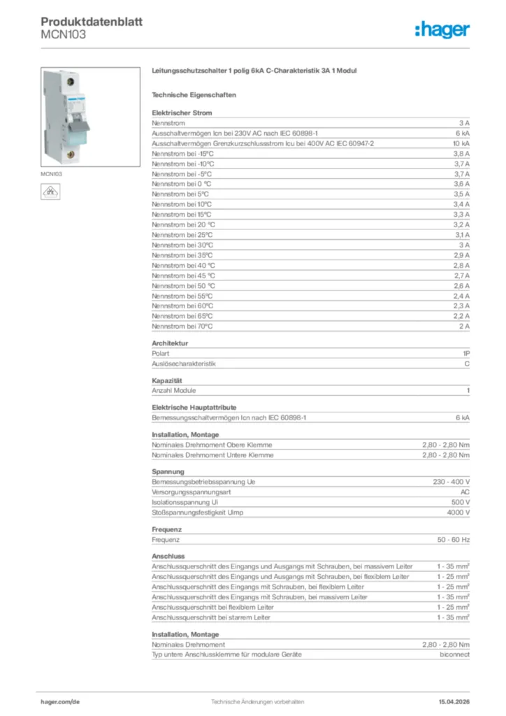 Bild Hager Produktdatenblatt MCN103 | Hager Deutschland