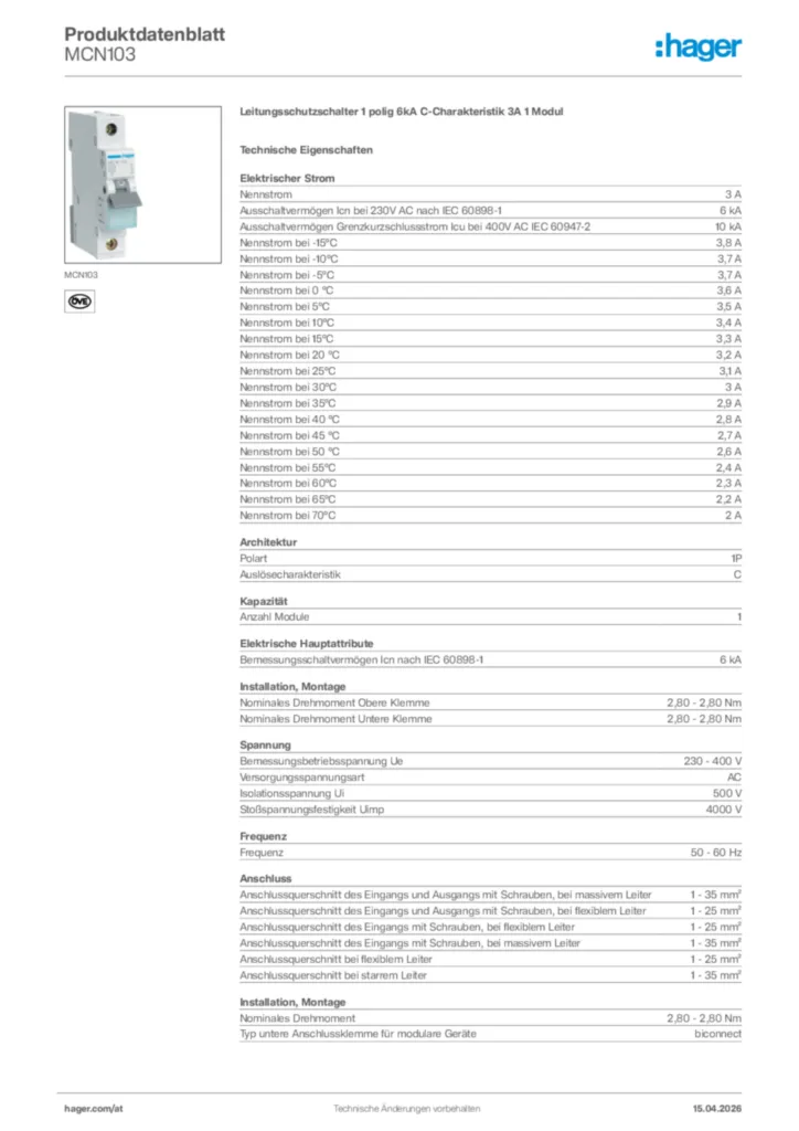 Bild Hager Produktdatenblatt MCN103 | Hager Deutschland