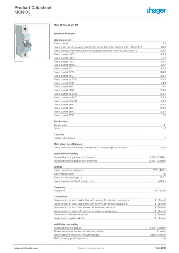 Image Hager Product data sheet MCN103  | Hager