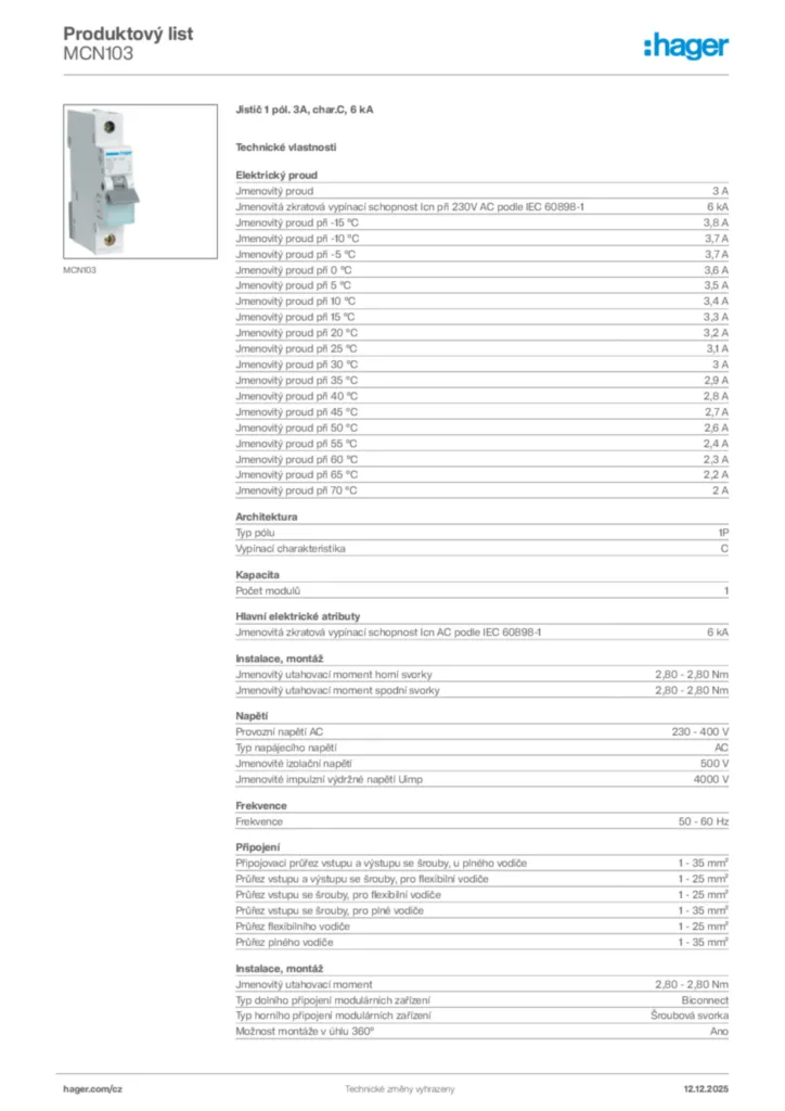 Obrázek Hager Produktový list MCN103 | Hager