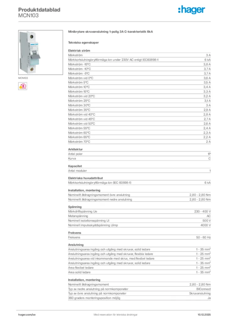 Bild Hager Produktdatablad MCN103 | Hager Sverige