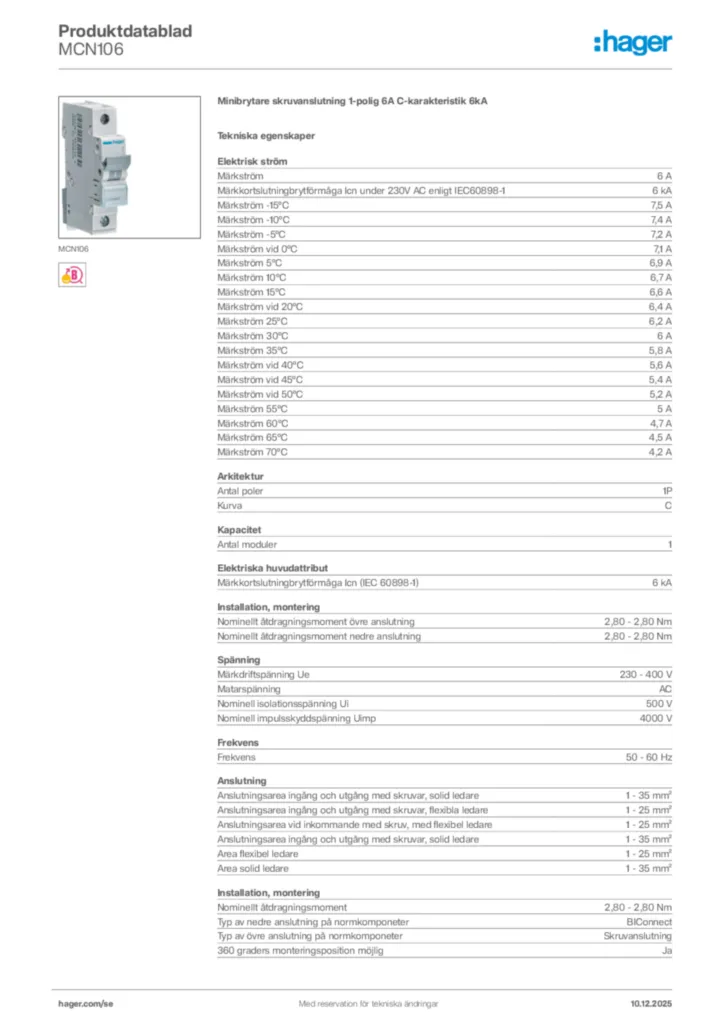Bild Hager Produktdatablad MCN106 | Hager Sverige