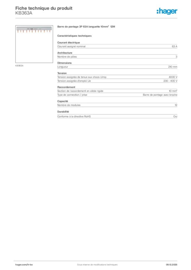 Image Hager Fiche technique du produit KB363A | Hager Belgique