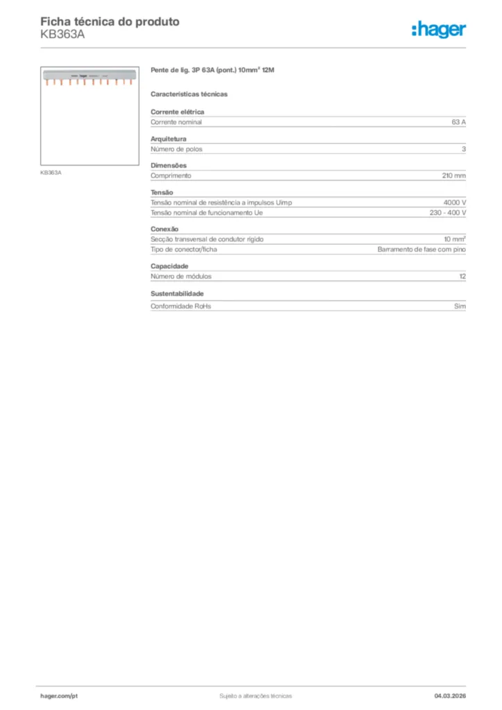 Imagem Hager Ficha técnica do produto KB363A | Hager Portugal