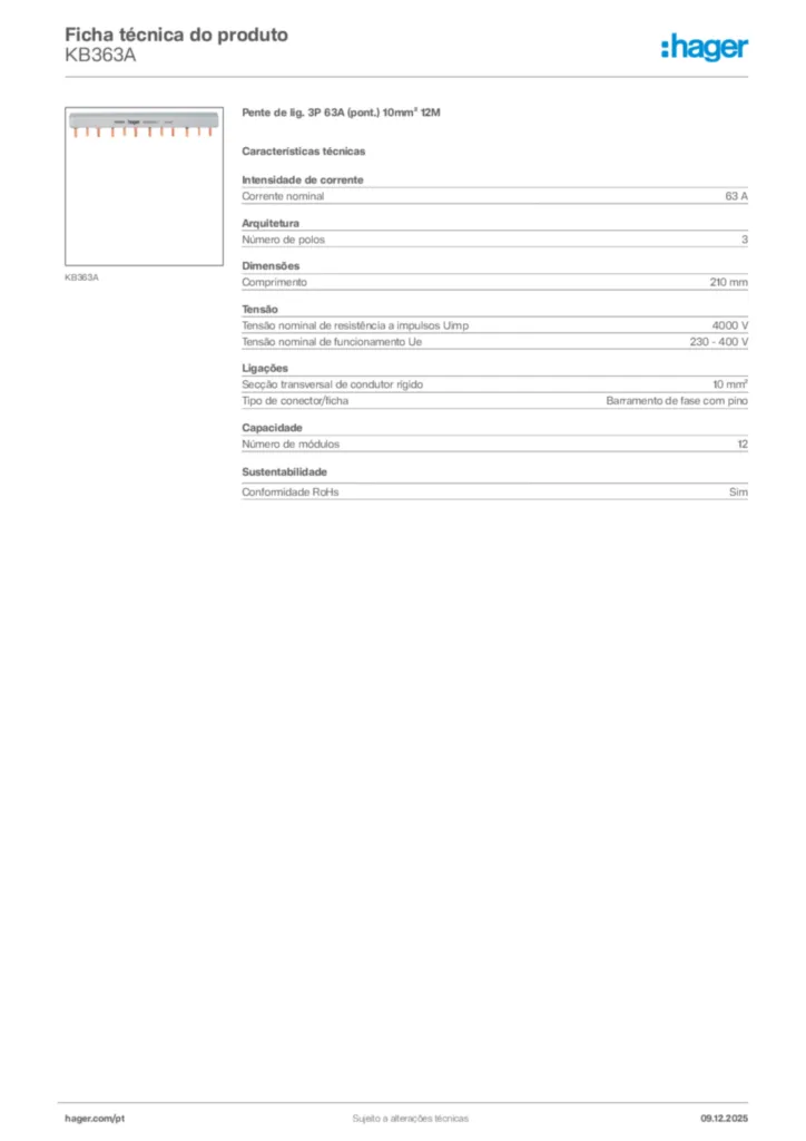 Imagem Hager Ficha técnica do produto KB363A | Hager Portugal