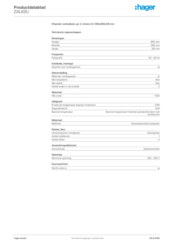 Afbeelding Hager Productdatablad ZAL82U | Hager Nederland