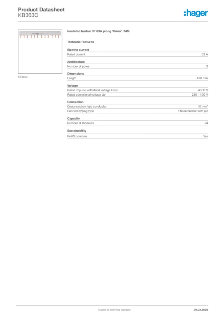 Image Hager Product data sheet KB363C  | Hager Africa