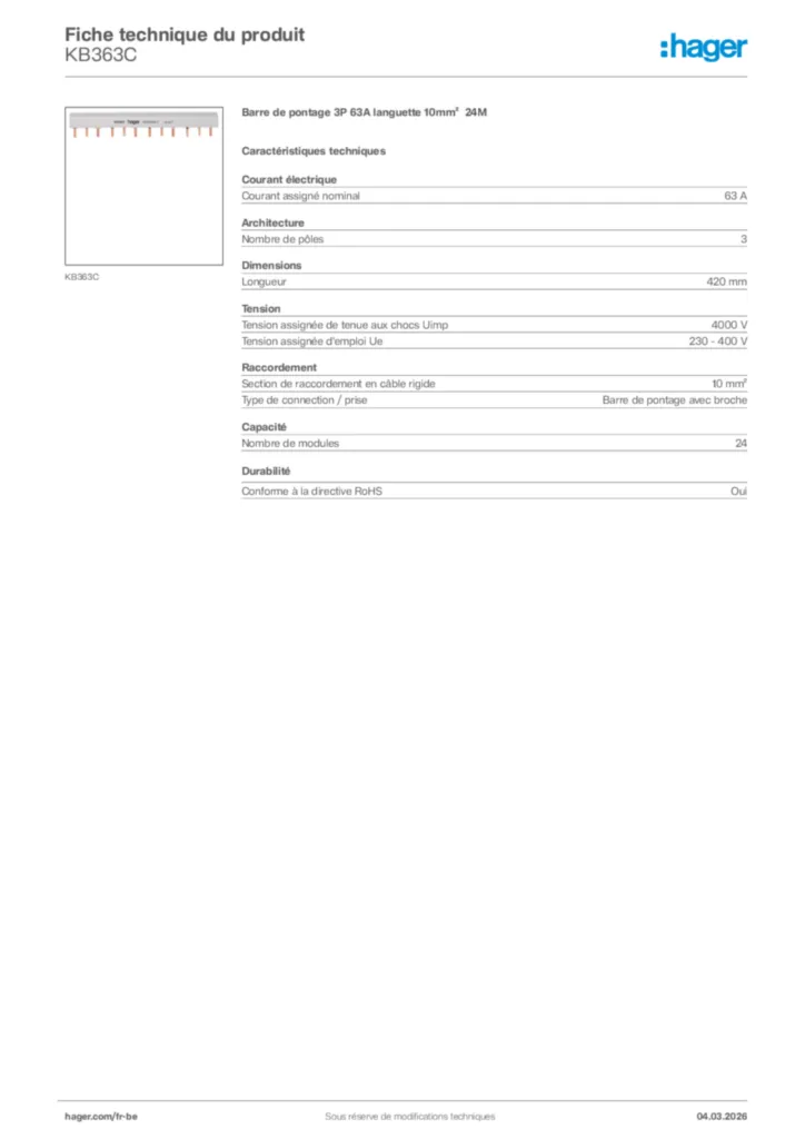 Image Hager Fiche technique du produit KB363C | Hager Belgique
