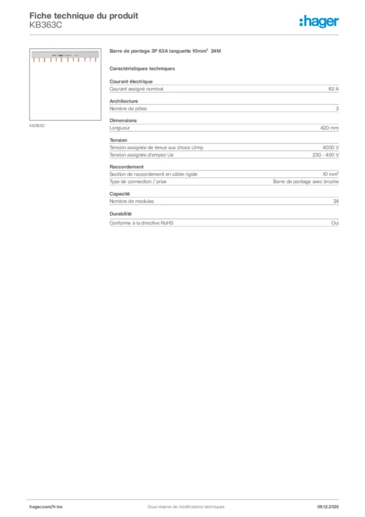 Image Hager Fiche technique du produit KB363C | Hager Belgique