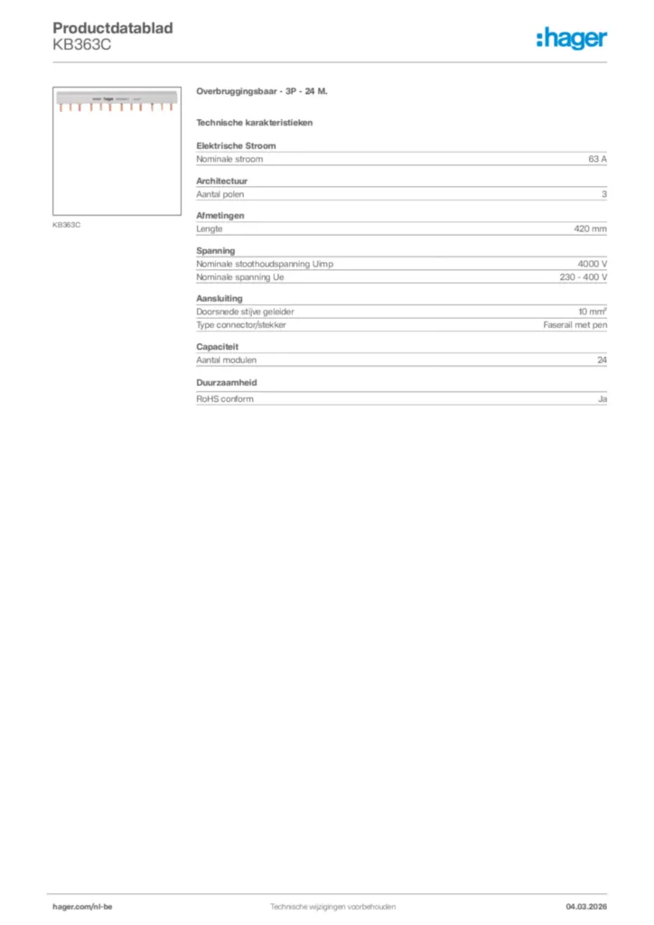 Afbeelding Hager Productdatablad KB363C | Hager Belgium