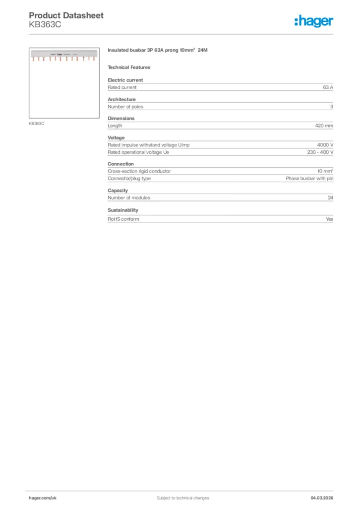 Image Hager Product data sheet KB363C  | Hager