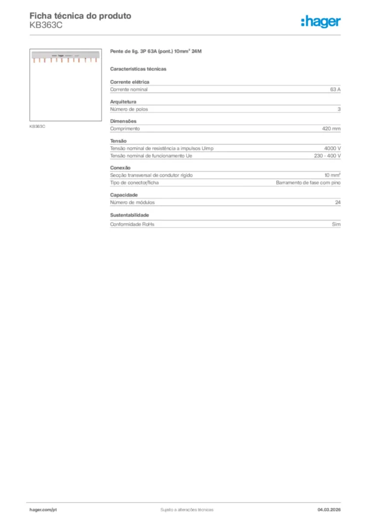 Imagem Hager Ficha técnica do produto KB363C | Hager Portugal