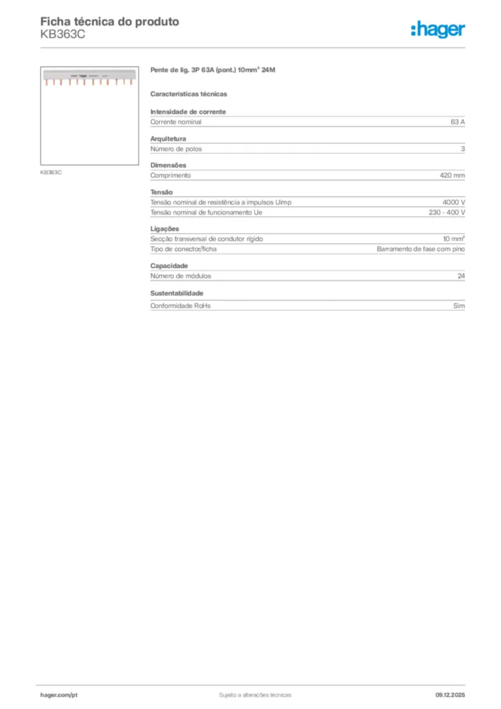 Imagem Hager Ficha técnica do produto KB363C | Hager Portugal
