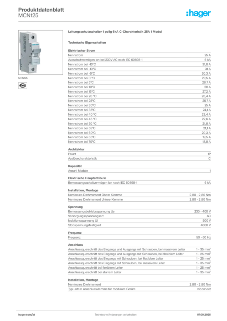 Bild Hager Produktdatenblatt MCN125 | Hager Deutschland