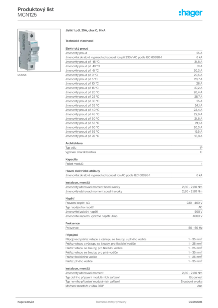 Obrázek Hager Produktový list MCN125 | Hager