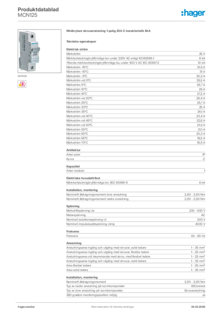 Bild Hager Produktdatablad MCN125 | Hager Sverige