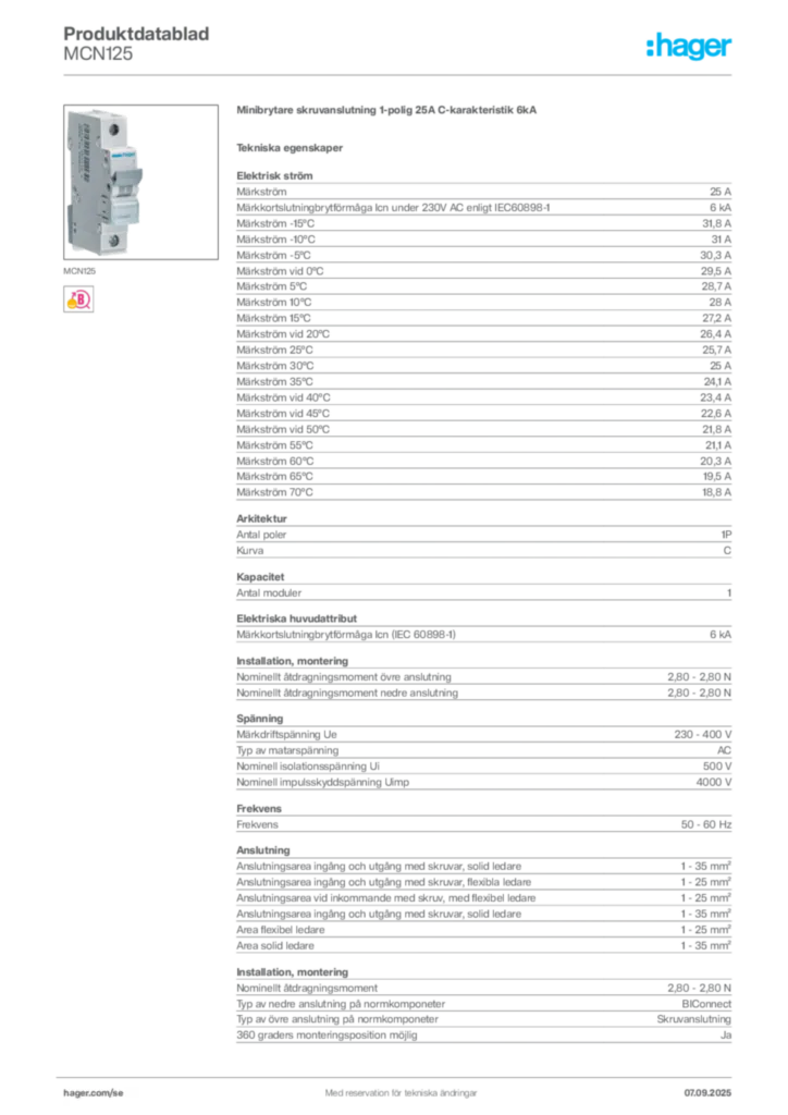 Bild Hager Produktdatablad MCN125 | Hager Sverige