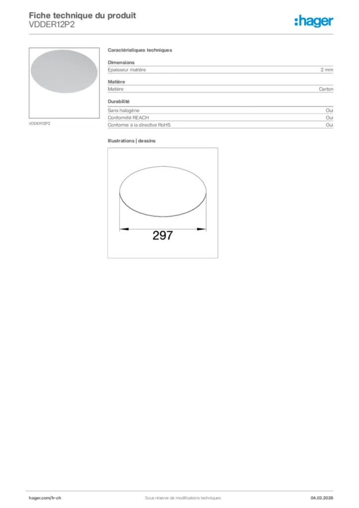 Image Hager Fiche technique du produit VDDER12P2 | Hager Suisse