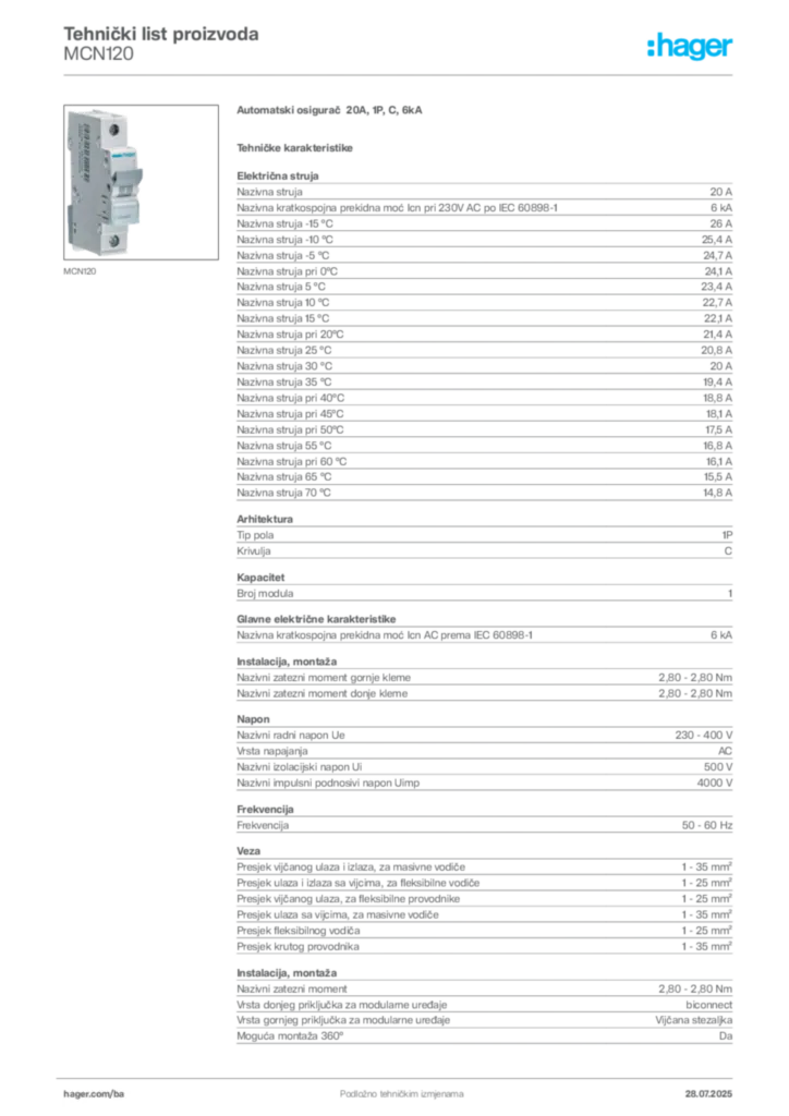 Slika Hager Product data sheet MCN120  | Hager