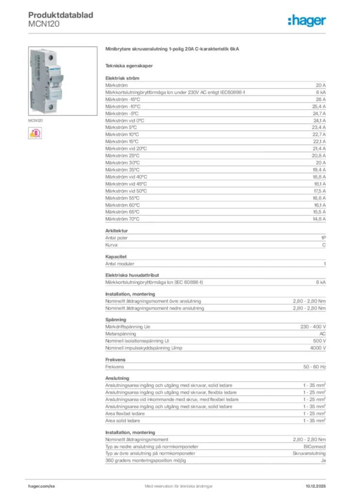 Bild Hager Produktdatablad MCN120 | Hager Sverige