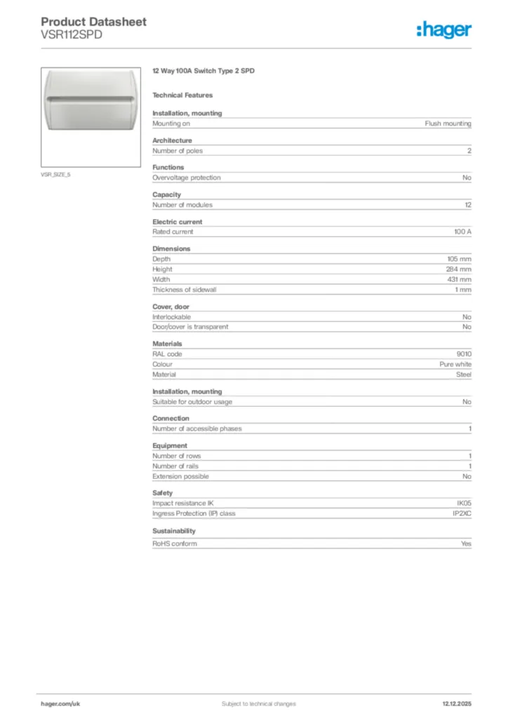 Image Hager Product data sheet VSR112SPD  | Hager