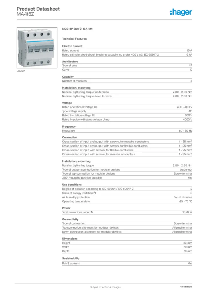 Image Hager Product data sheet MA416Z  | Hager Africa