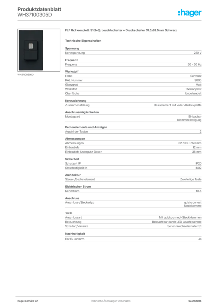 Bild Hager Produktdatenblatt WH37100305D | Hager Schweiz