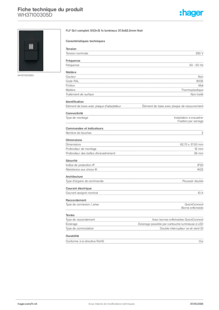 Image Hager Fiche technique du produit WH37100305D | Hager Suisse