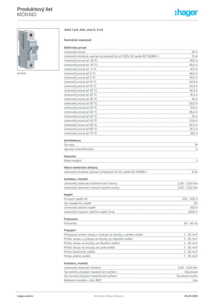 Obrázek Hager Produktový list MCN140 | Hager