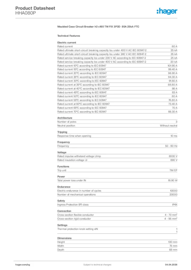 Image Hager Product data sheet HHA080P  | Hager