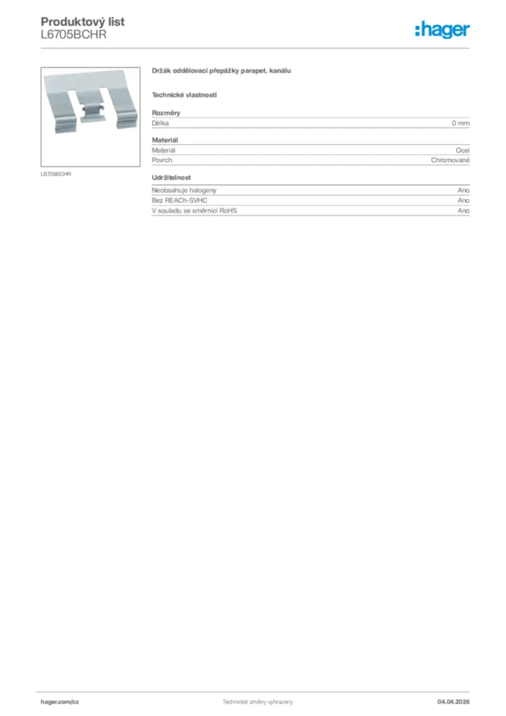 Obrázek Hager Product data sheet L6705BCHR | Hager