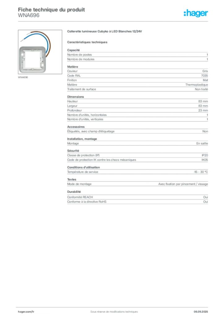 Image Hager Fiche technique du produit WNA696 | Hager France