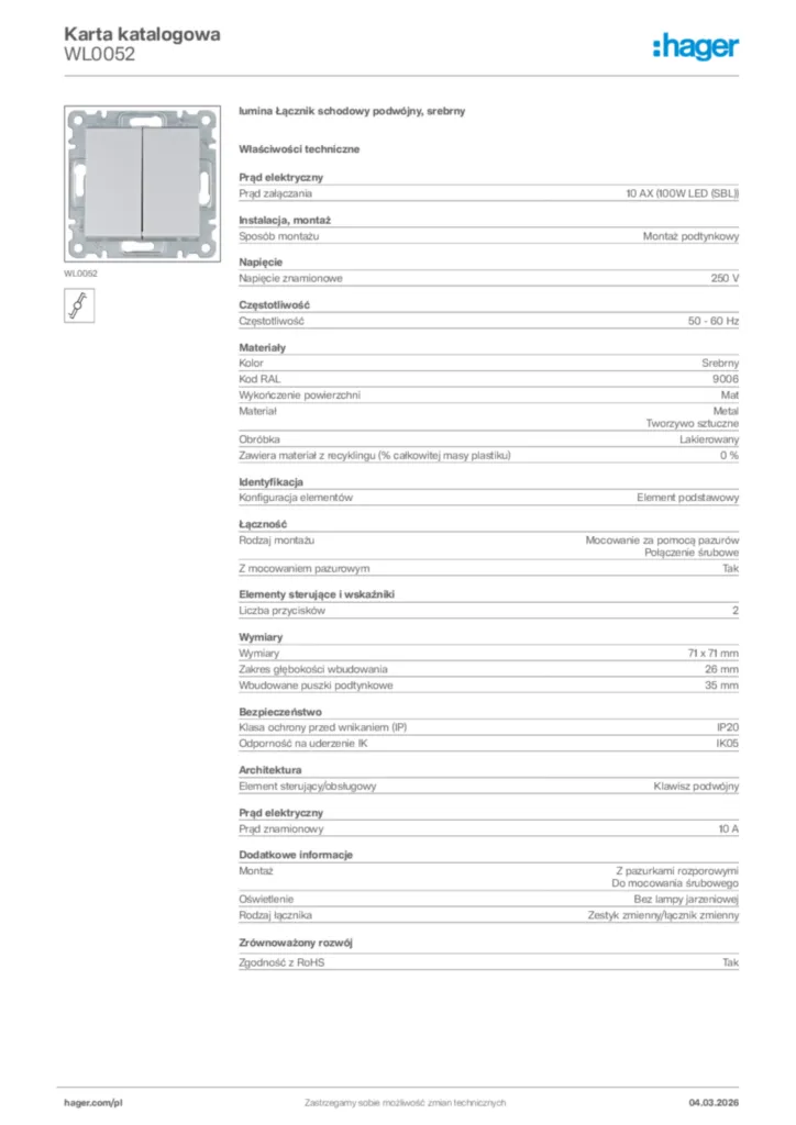 Zdjęcie Hager Karta katalogowa WL0052 | Hager Polska