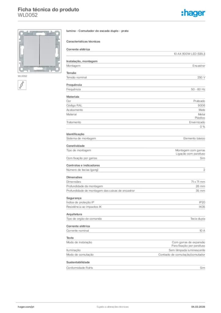 Imagem Hager Ficha técnica do produto WL0052 | Hager Portugal