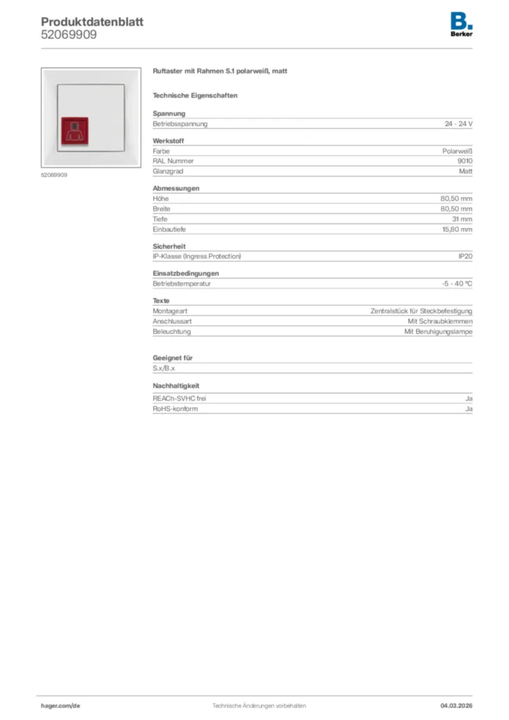 Bild Berker Produktdatenblatt 52069909 | Hager Deutschland