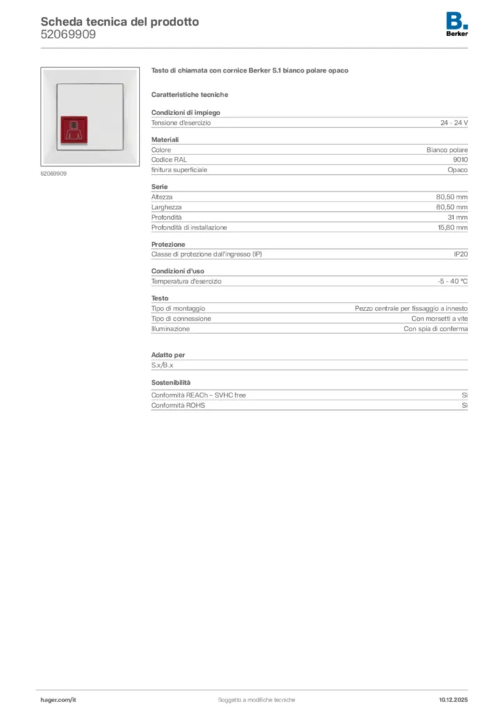 Immagine Berker Scheda tecnica del prodotto 52069909 | Hager Italia
