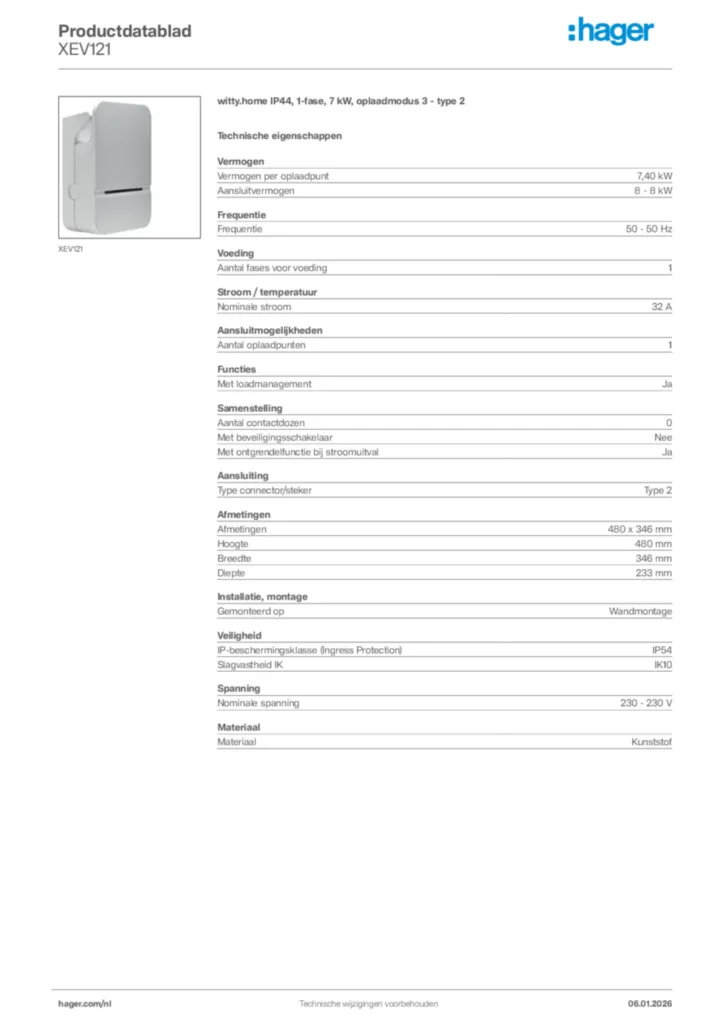 Afbeelding Hager Productdatablad XEV121 | Hager Nederland