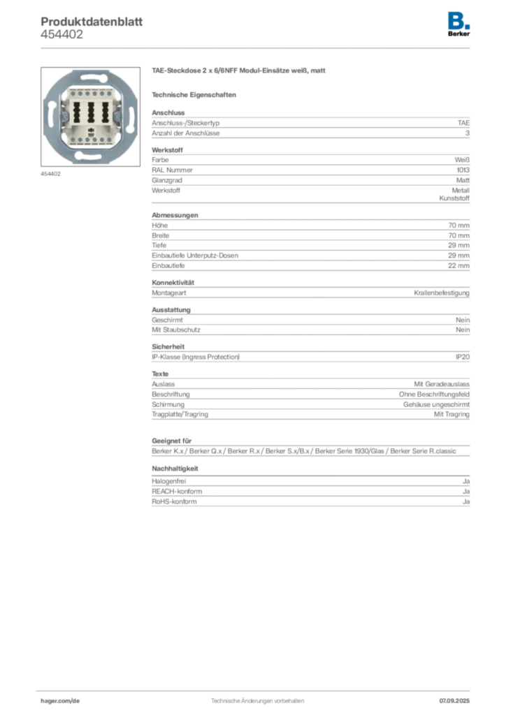 Bild Berker Produktdatenblatt 454402 | Hager Deutschland