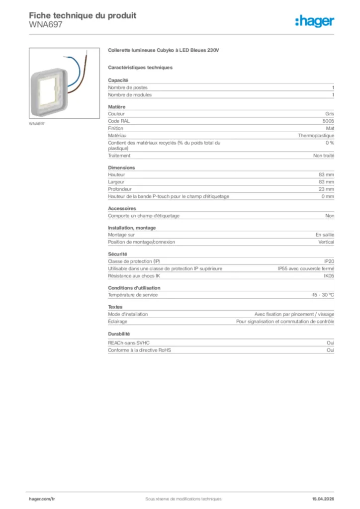 Image Hager Fiche technique du produit WNA697 | Hager France