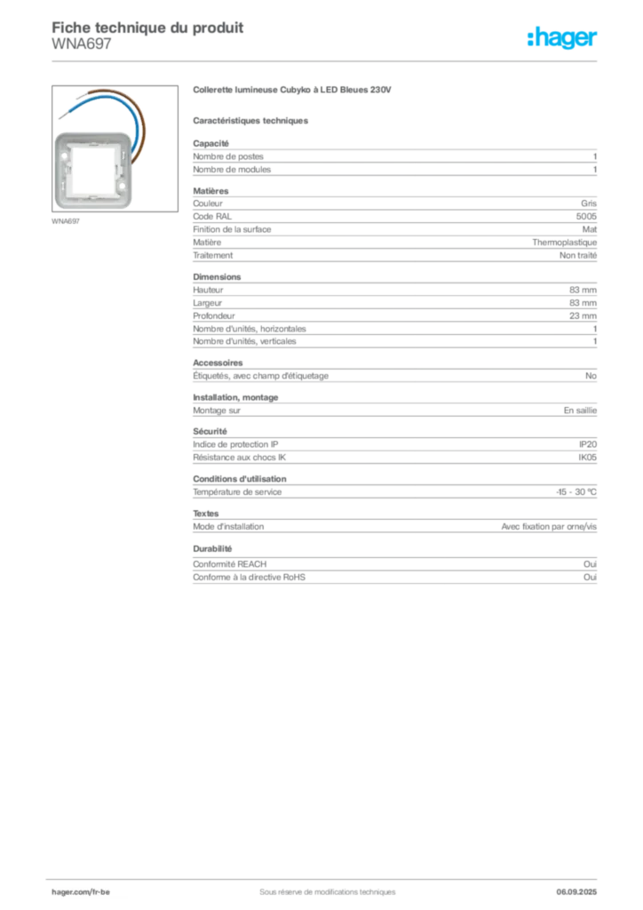 Image Hager Fiche technique du produit WNA697 | Hager Belgique